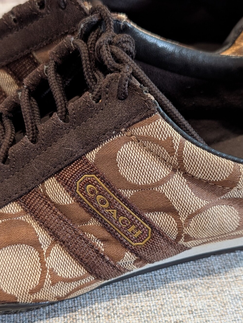 Coach Brown Signature Monogram Sneakers with Gold Toe Detail - Picture 2 of 10